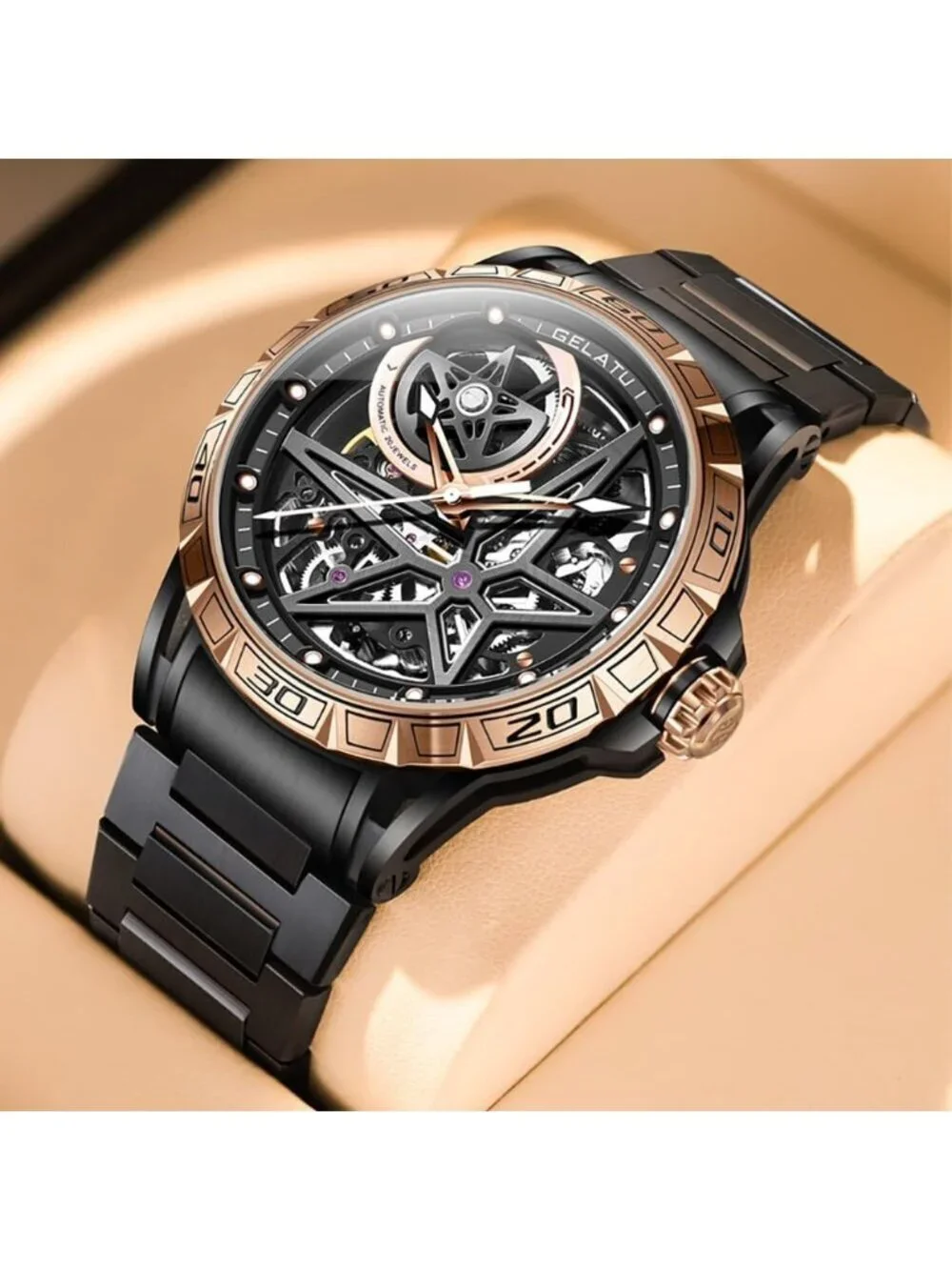 Men's Black Skeleton Quartz Stainless Waterproof Luminous Luxury Wooden Watch